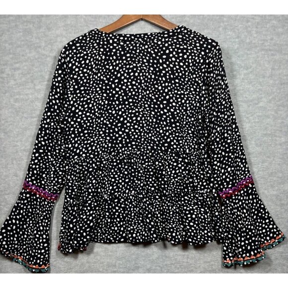 Savanna Jane Polka Dot Boho Top S Embroidered Bell Sleeves V Neck Casual - Picture 6 of 6